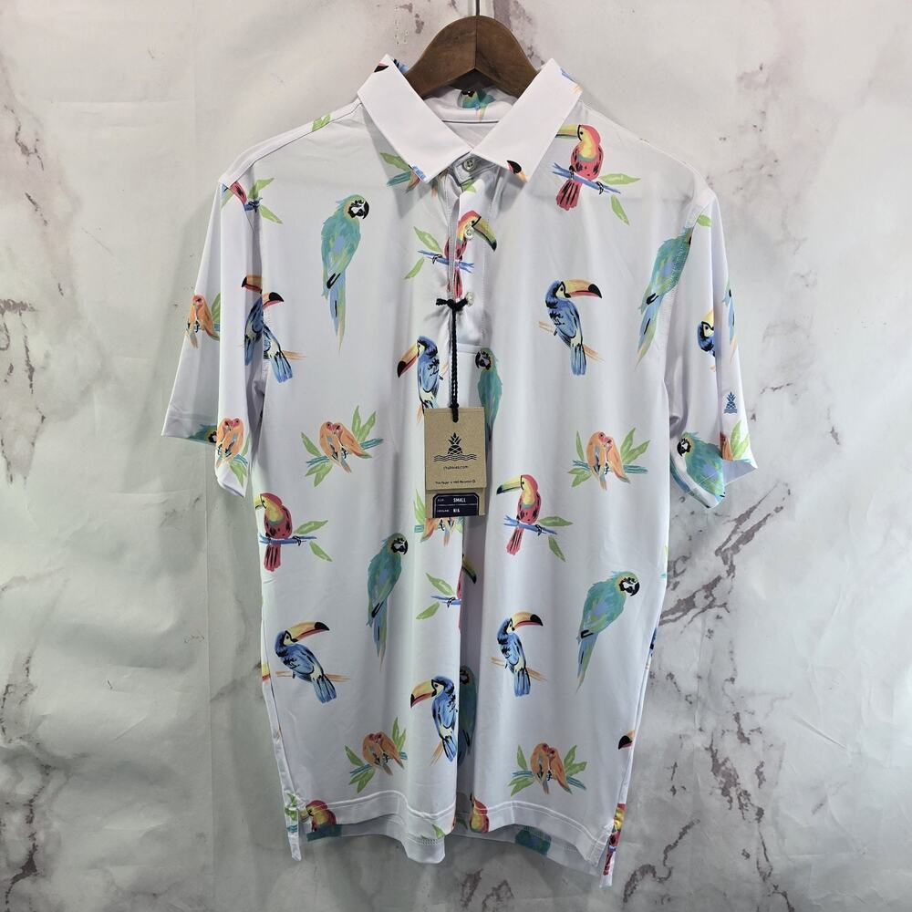 Chubbies Shirt Mens Small White Polo Bird Dude Macaw Performance Active Golf